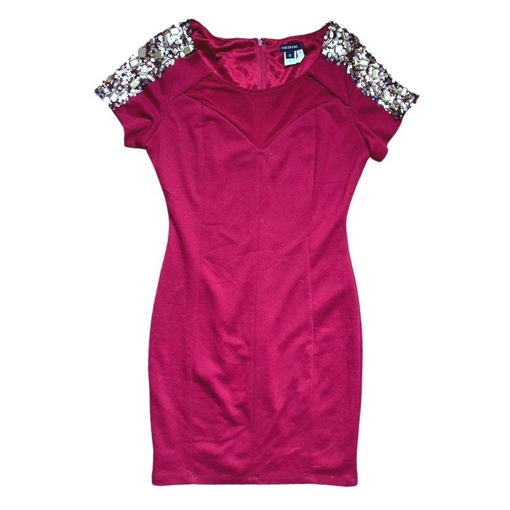 NIKIBIKI Deep Red Embellished Evening Dress Short Sleeve Size Small